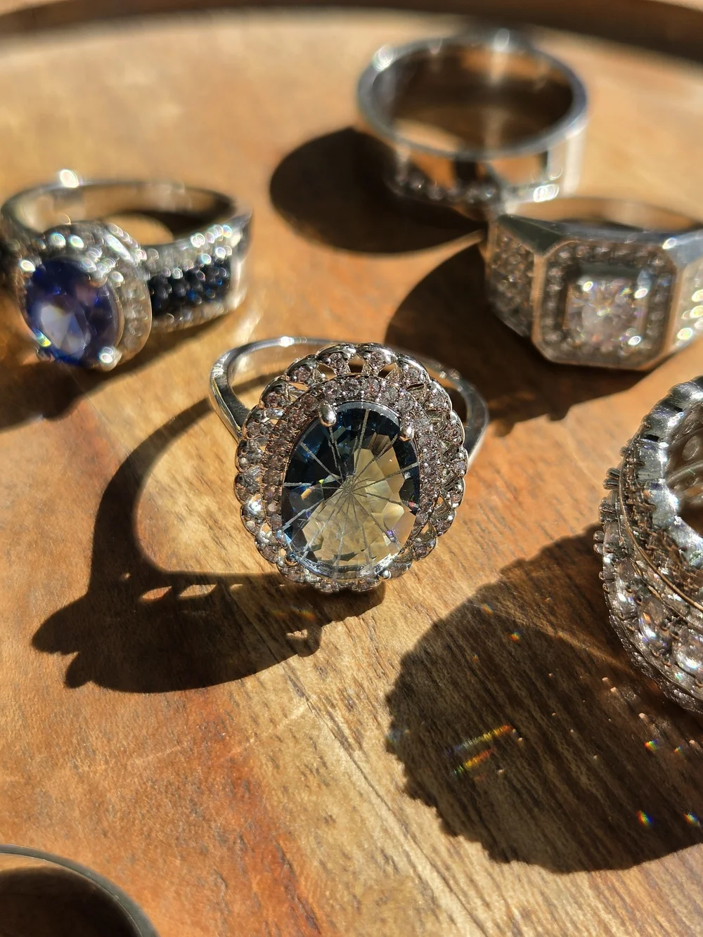 Silver Tone Multi-Stone  Ring - Sparkling Clear and Blue Accents
